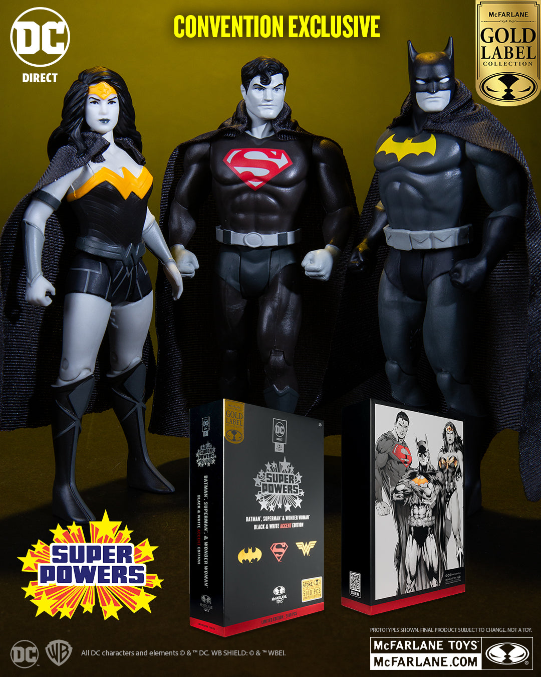 DC Direct Super Powers 2024 Superman Batman Wonder Woman 3 Pack B&W Gold Accents